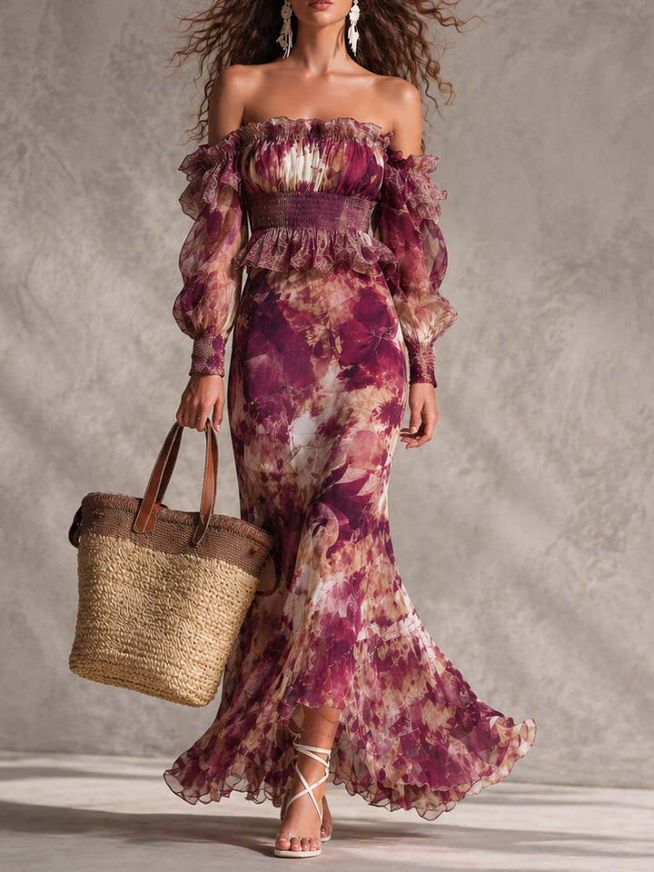 Françoise | Abito maxi in chiffon rosa con stampa floreale e spalle scoperte