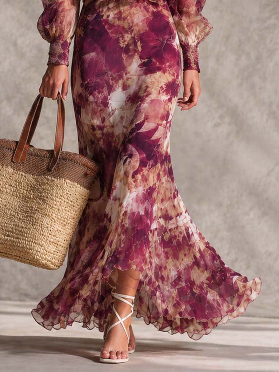 Françoise | Abito maxi in chiffon rosa con stampa floreale e spalle scoperte