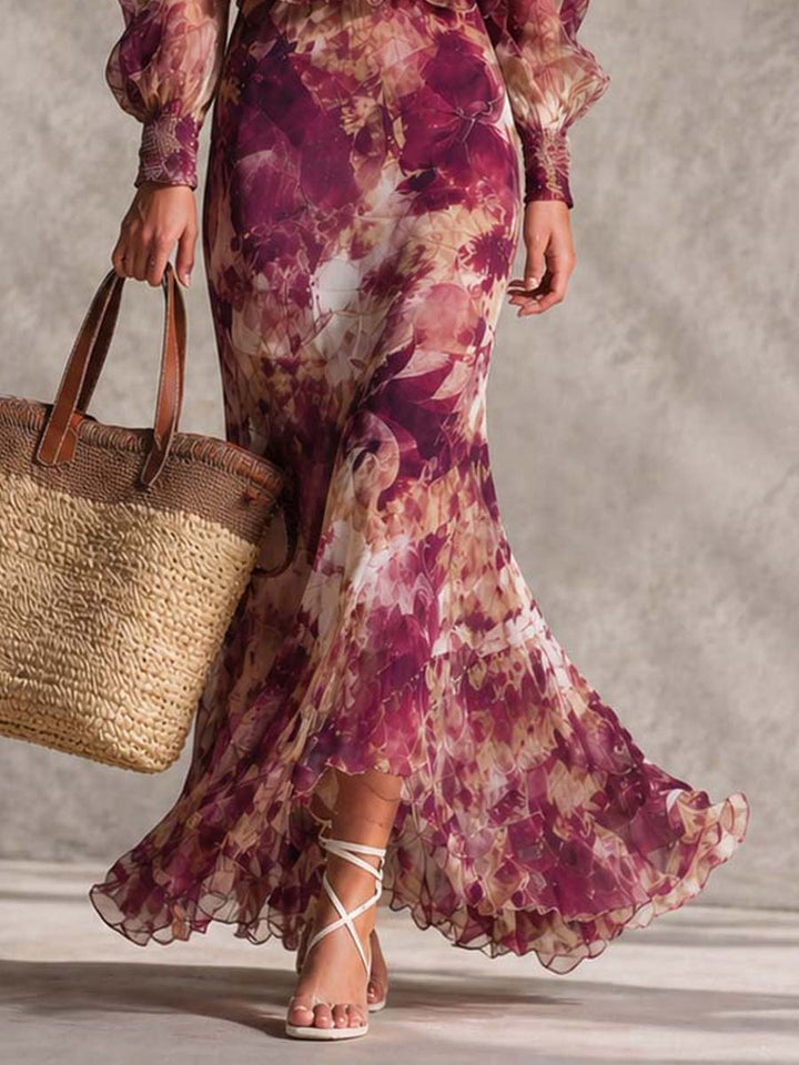 Françoise | Abito maxi in chiffon rosa con stampa floreale e spalle scoperte