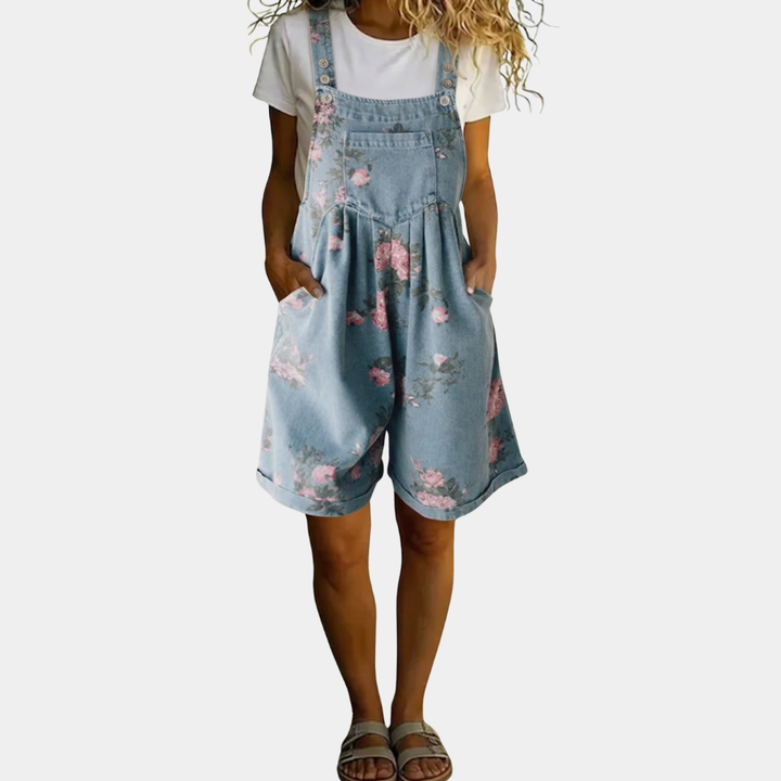 Judy | Denim Lavato Vintage con Sensazione di Cotone Morbido Salopette Floreale