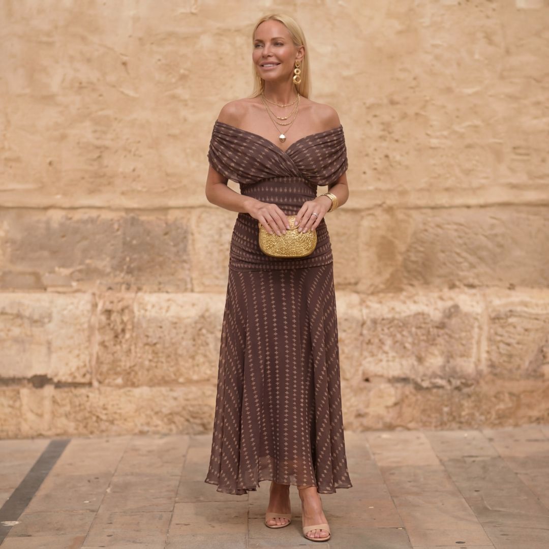 Romane | Abito midi plissettato con spalle scoperte