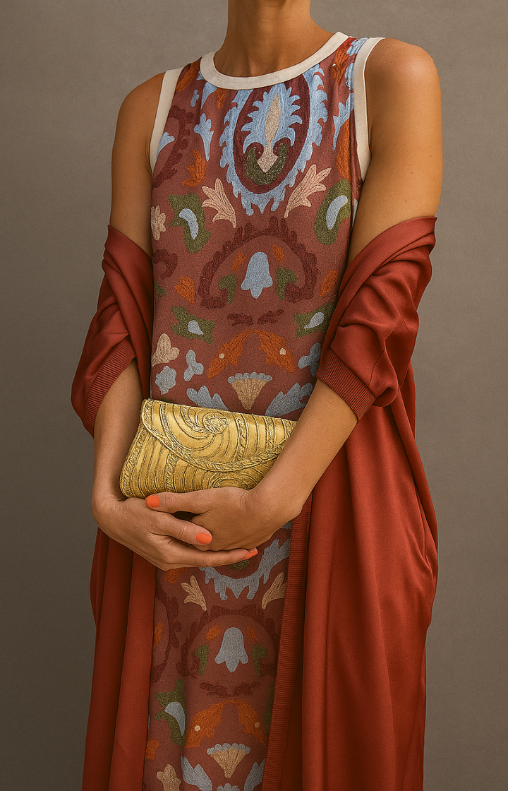 Élina | Completo abito lungo stampato con gilet coordinato