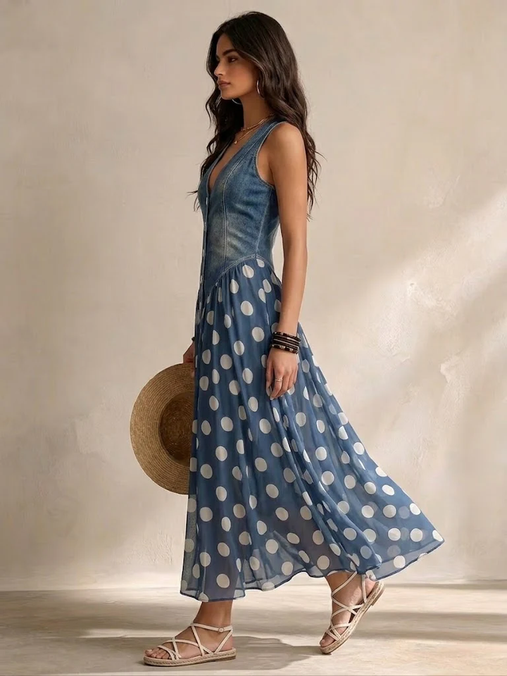 Jasmin - Abito con Gonna in Chiffon a Pois e Corpetto in Denim