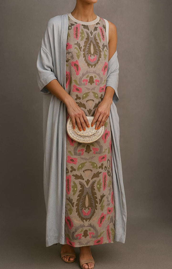 Élina | Completo abito lungo stampato con gilet coordinato