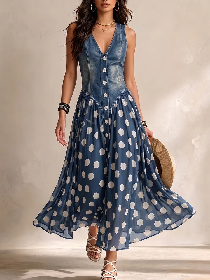 Jasmin - Abito con Gonna in Chiffon a Pois e Corpetto in Denim