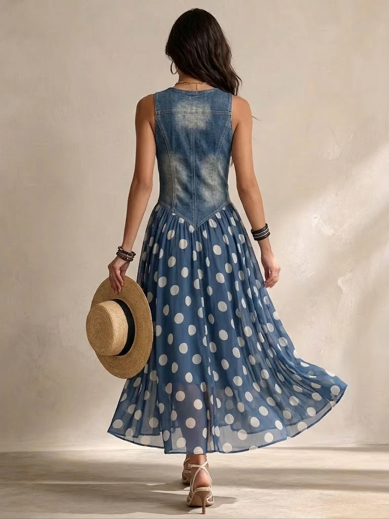 Jasmin - Abito con Gonna in Chiffon a Pois e Corpetto in Denim