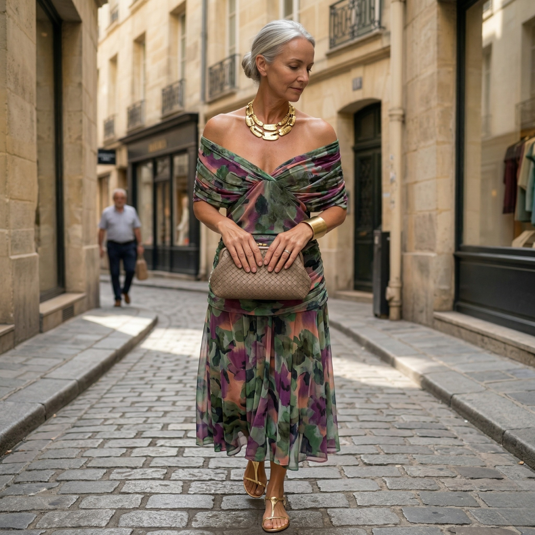 Diane | Abito maxi drappeggiato con scollo a V e maniche velate