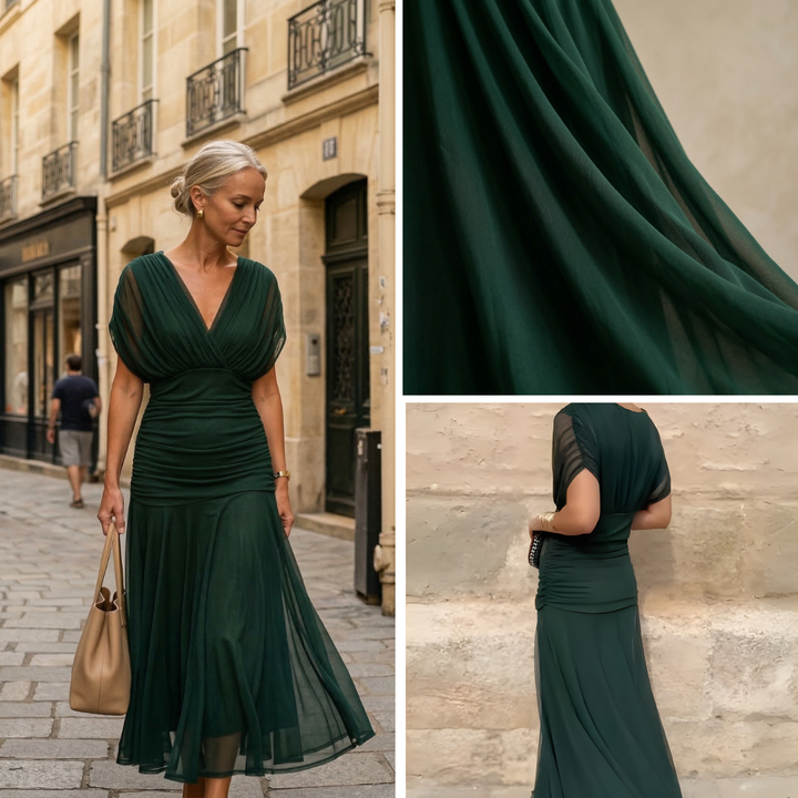 Diane | Abito maxi drappeggiato con scollo a V e maniche velate