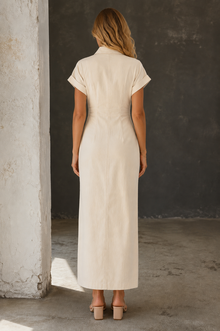 Nina | Abito midi in denim con collo a revers e vita arricciata