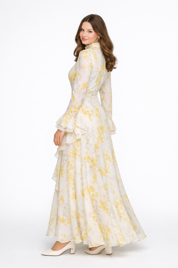 Elisabeth | Abito maxi asimmetrico in chiffon beige con collo alto e stampa a olio