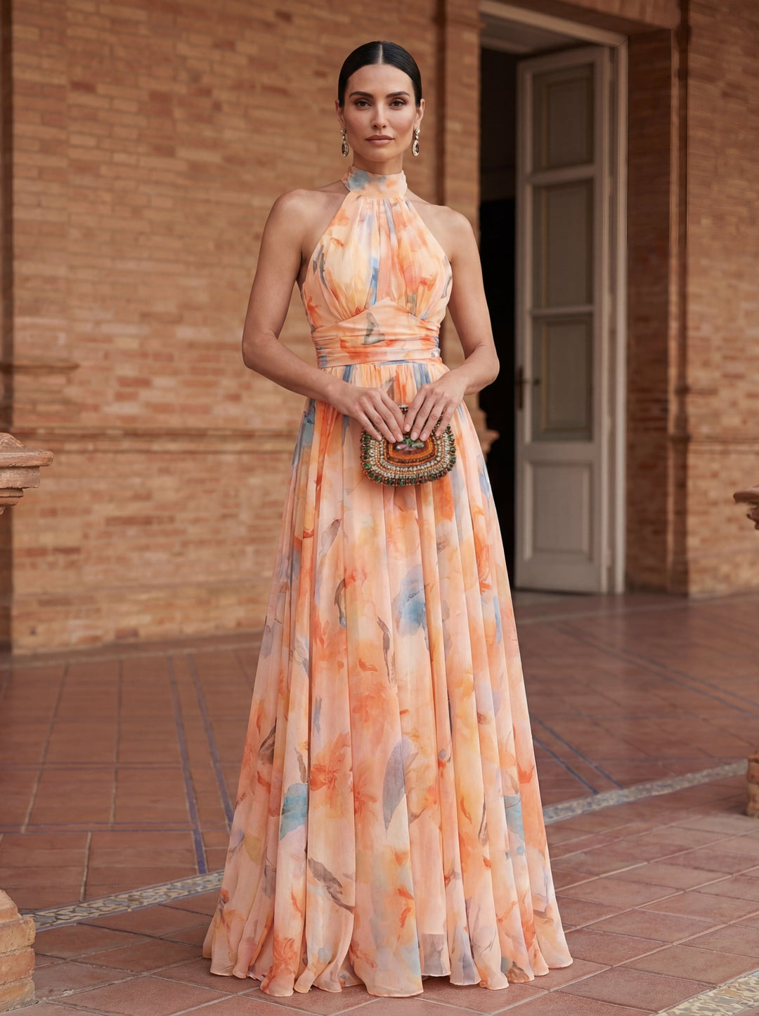 Abito con Collo Halter con Stampa di Acquerello