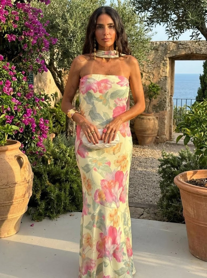 Abito Lungo Strapless Floreale Acquerello