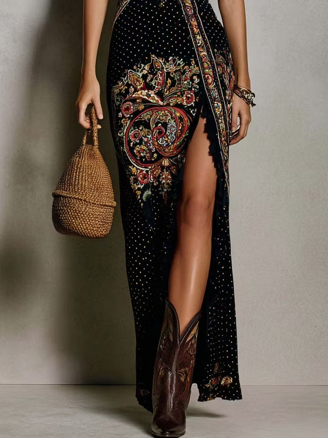 Victoire | Abito stampato in stile bohemien con scollatura profonda e alta spacco
