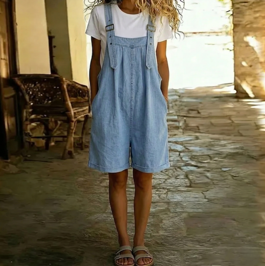 Clara | Salopette in Denim di Cotone Morbido Effetto Vintage Lavato Blu Chiaro