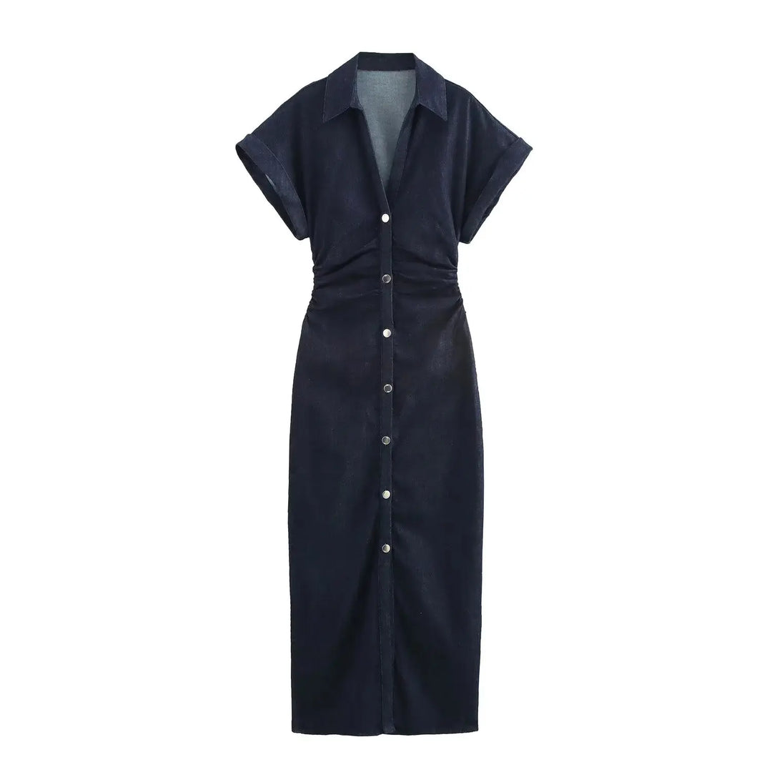 Nina | Abito midi in denim con collo a revers e vita arricciata
