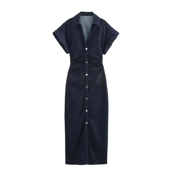 Nina | Abito midi in denim con collo a revers e vita arricciata
