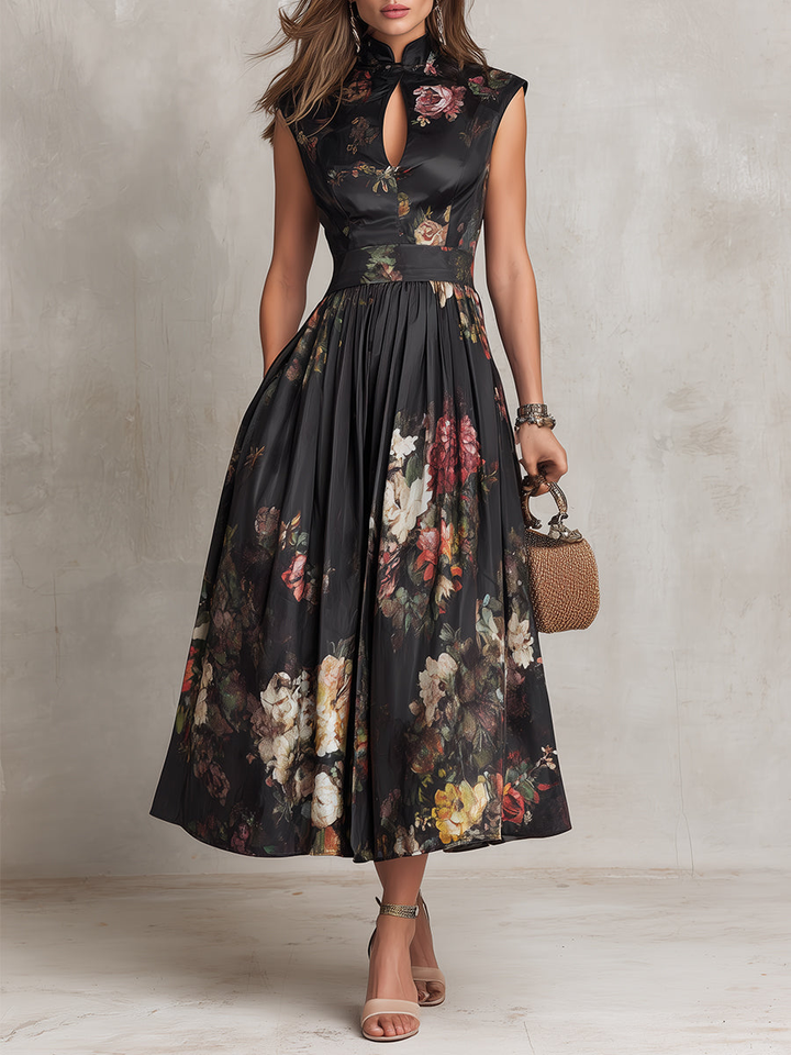 Violette™ | Abito midi in satin plissettato nero con stampa floreale e scollatura a goccia