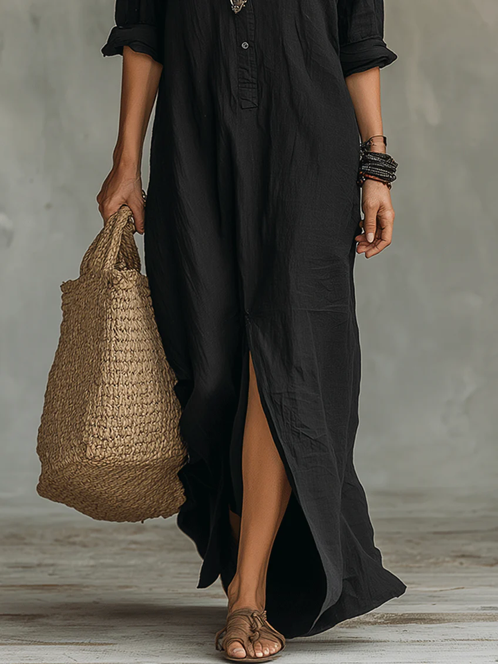 Soline™ | Vestito maxi nero con taglio ampio e bottoni