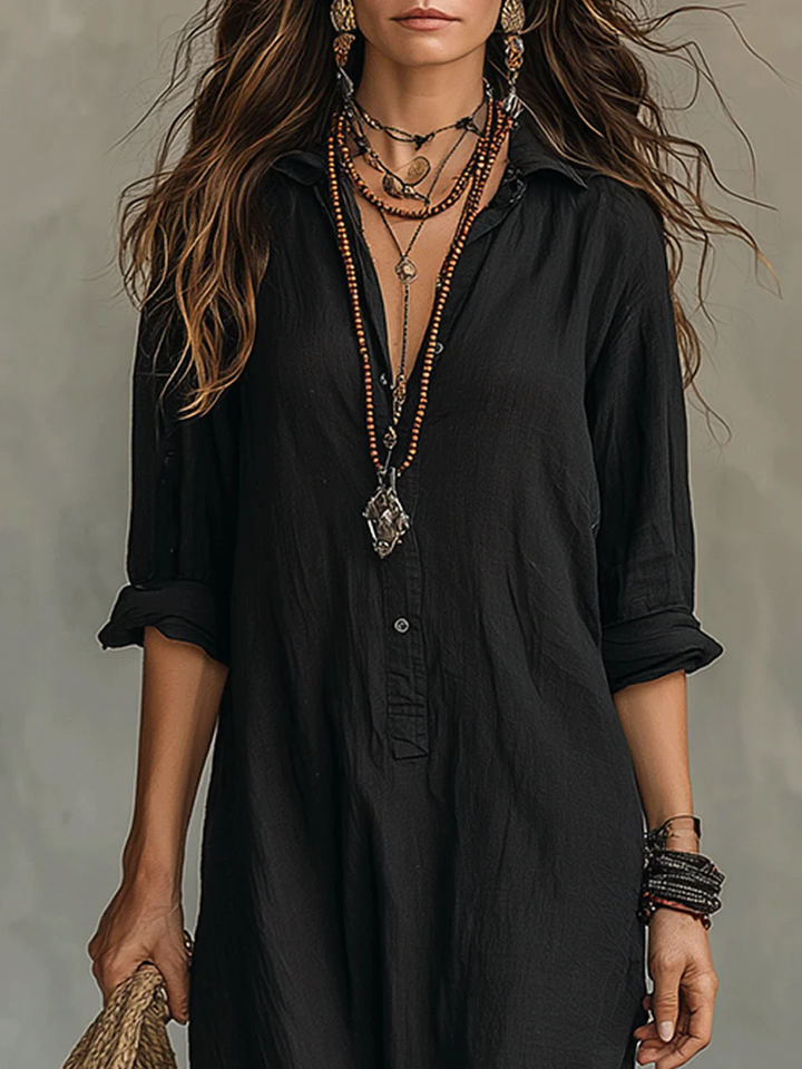 Soline™ | Vestito maxi nero con taglio ampio e bottoni