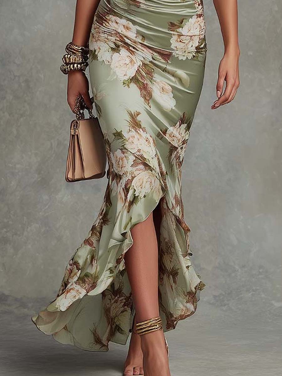 Anne™ | Abito lungo asimmetrico in satin verde con scollatura a V, maniche a sbuffo e stampa floreale