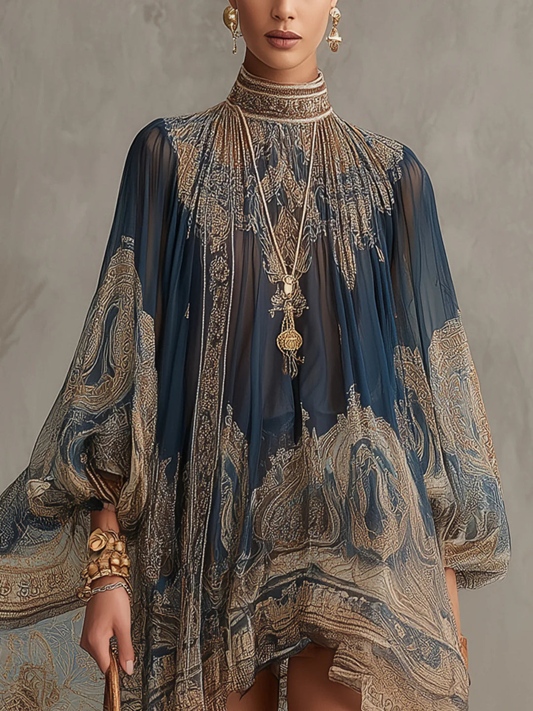 Agathe | Abito corto asimmetrico in chiffon blu navy con colletto alto e stampa barocca