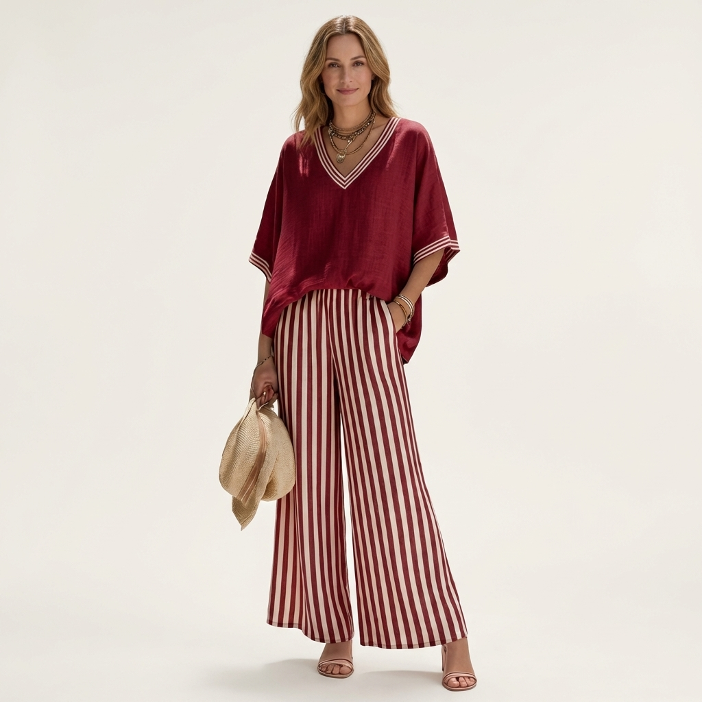 Juliana | Top Varsity a V e Set Pantaloni a Gamba Larga a Strisce