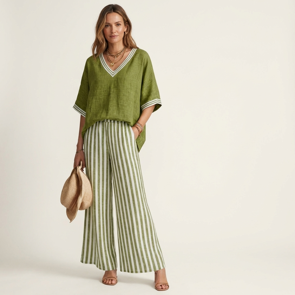 Juliana | Top Varsity a V e Set Pantaloni a Gamba Larga a Strisce