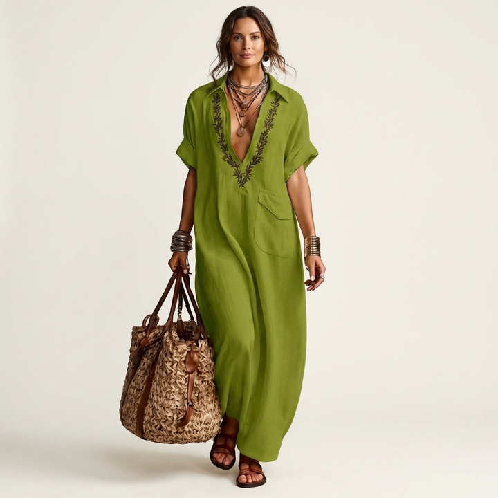 Amarina | Vestito Maxi in Lino con Collo a V Ricamato