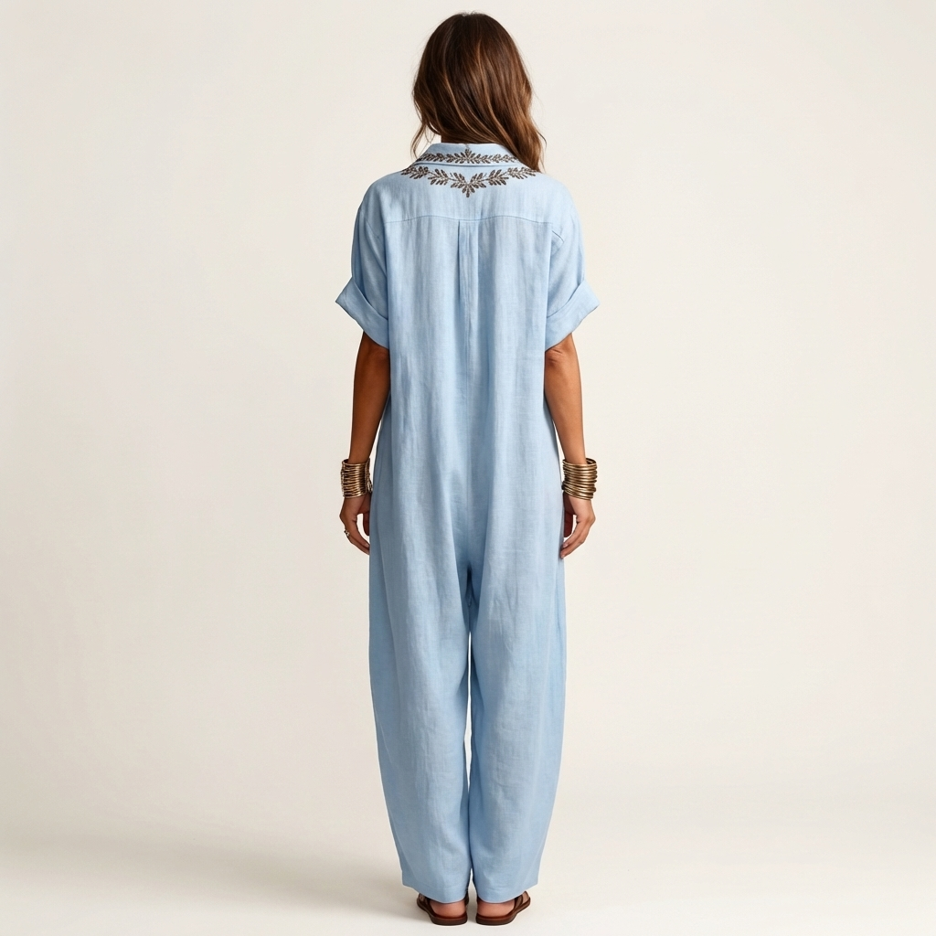 Amarina | Vestito Maxi in Lino con Collo a V Ricamato