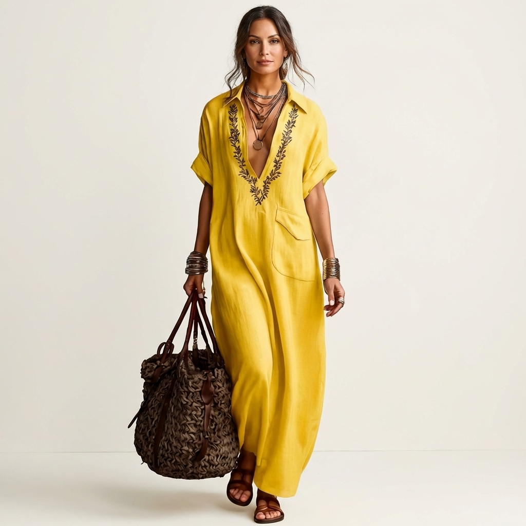 Amarina | Vestito Maxi in Lino con Collo a V Ricamato