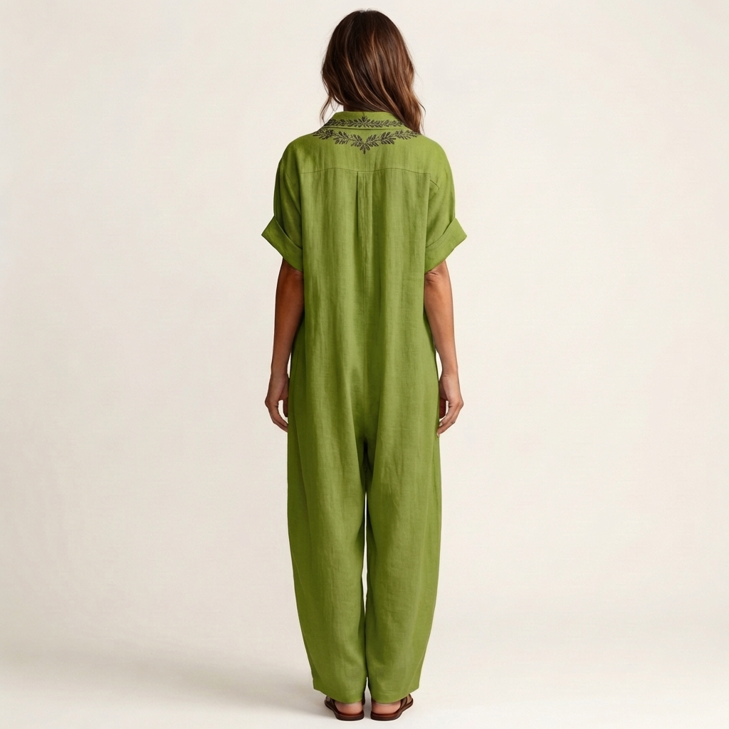 Amarina | Vestito Maxi in Lino con Collo a V Ricamato