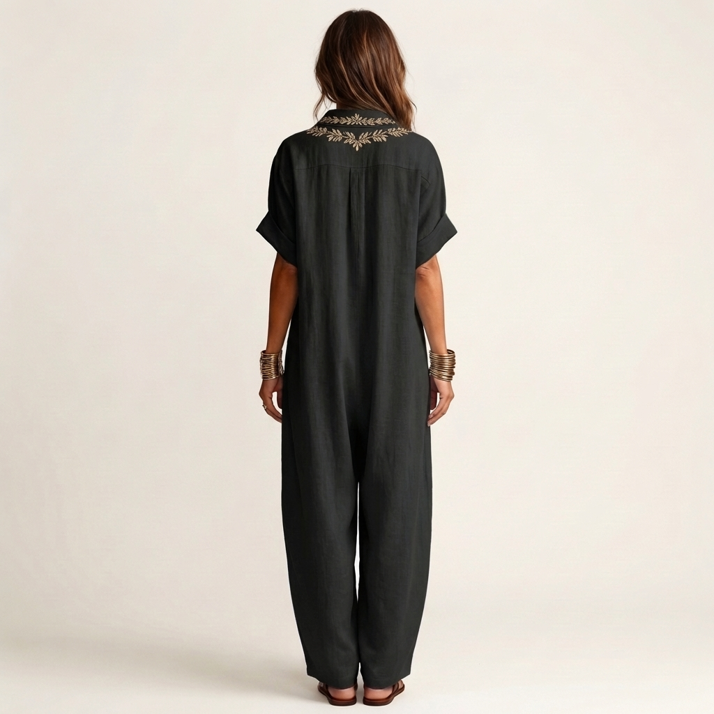 Amarina | Vestito Maxi in Lino con Collo a V Ricamato