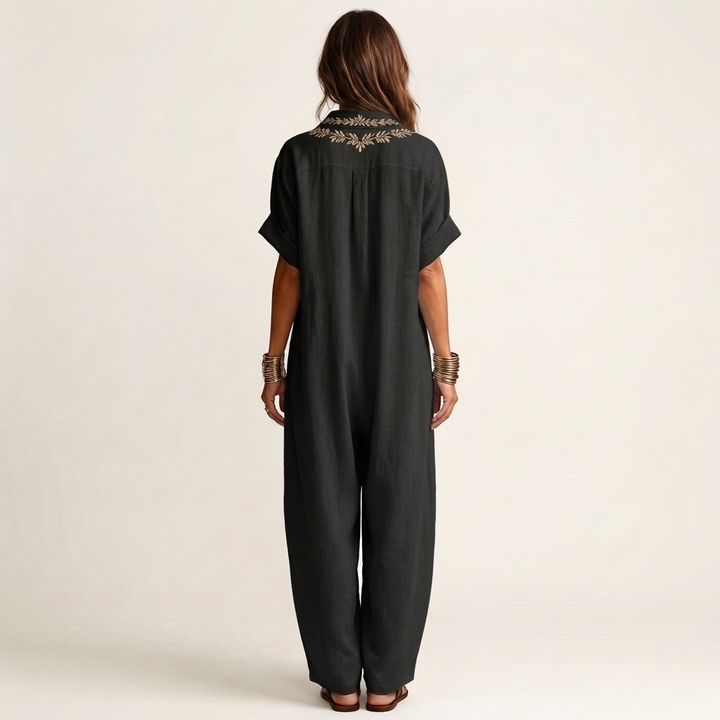 Amarina | Vestito Maxi in Lino con Collo a V Ricamato