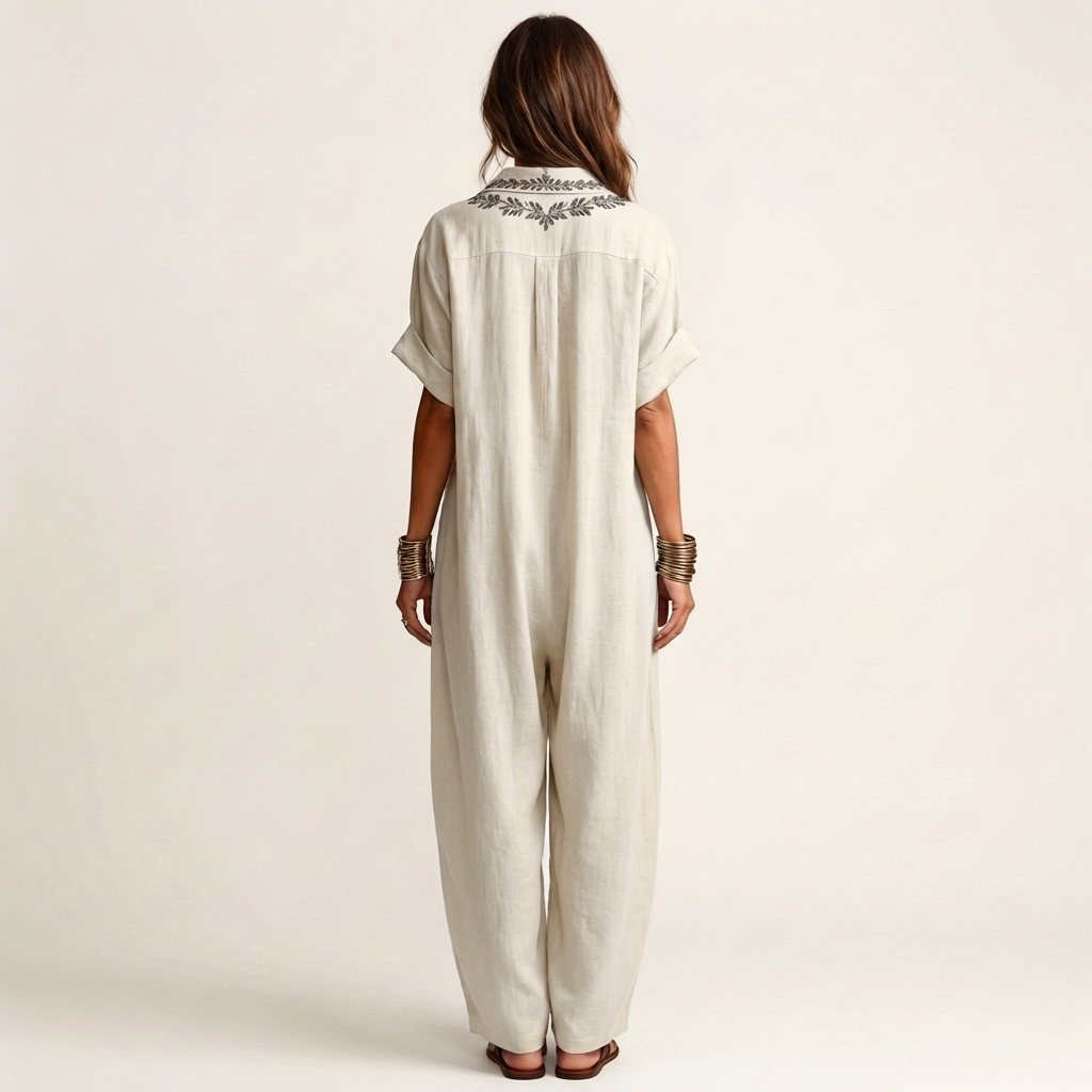 Amarina | Vestito Maxi in Lino con Collo a V Ricamato
