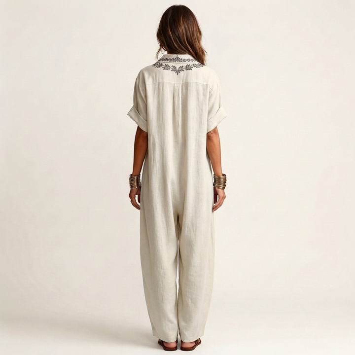 Amarina | Vestito Maxi in Lino con Collo a V Ricamato