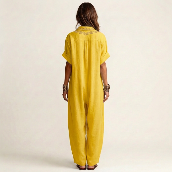 Amarina | Vestito Maxi in Lino con Collo a V Ricamato