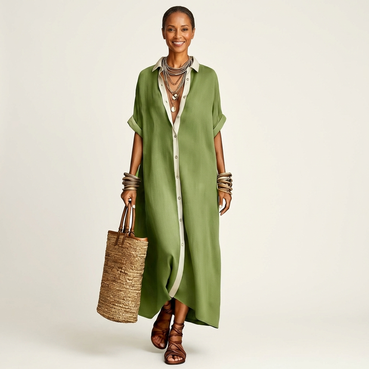 Kamira | Abito Camicia Maxi a Maniche Corte con Collo a Contrasto