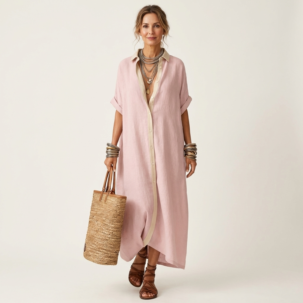Kamira | Abito Camicia Maxi a Maniche Corte con Collo a Contrasto