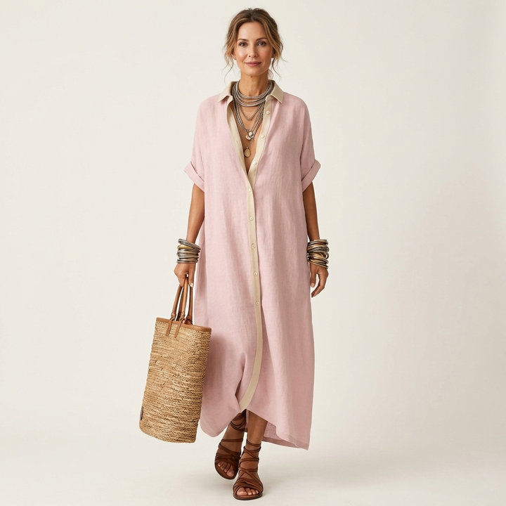 Kamira | Abito Camicia Maxi a Maniche Corte con Collo a Contrasto