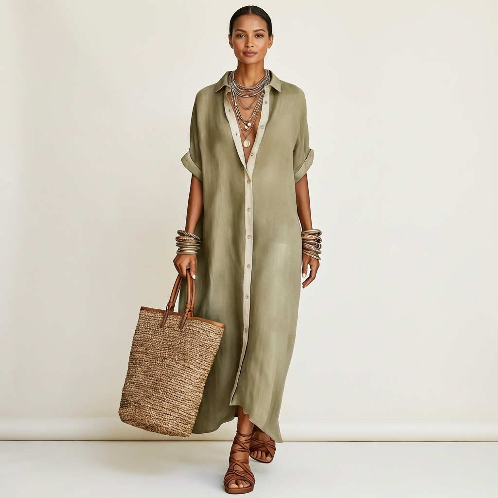 Kamira | Abito Camicia Maxi a Maniche Corte con Collo a Contrasto