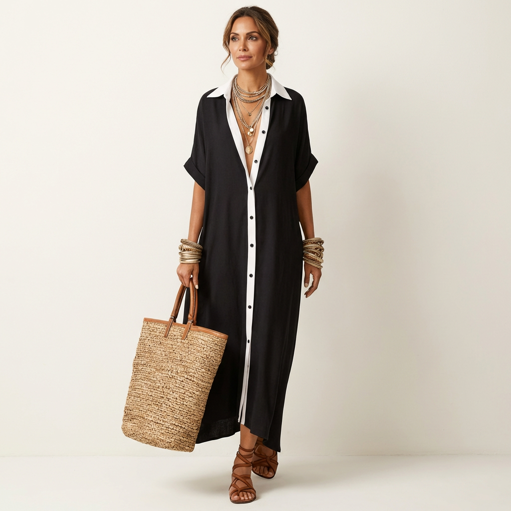Kamira | Abito Camicia Maxi a Maniche Corte con Collo a Contrasto