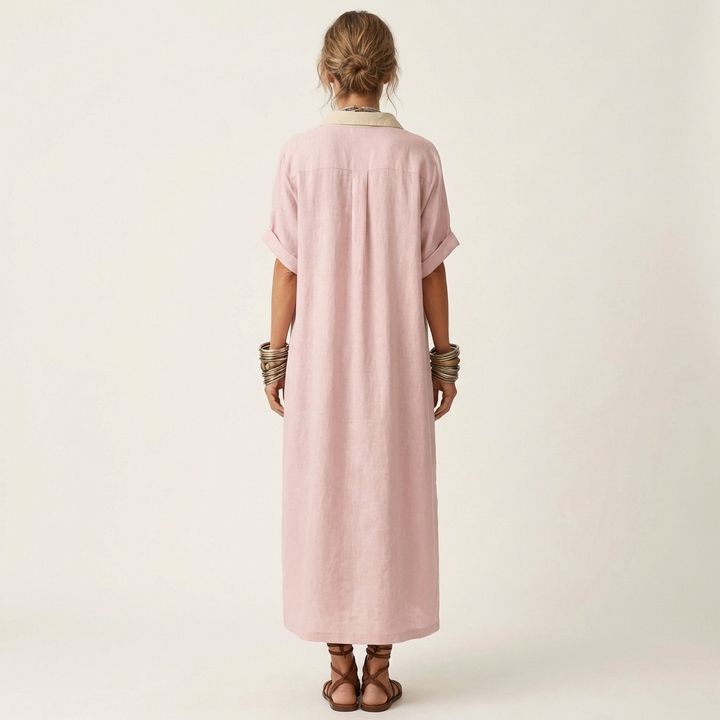 Kamira | Abito Camicia Maxi a Maniche Corte con Collo a Contrasto