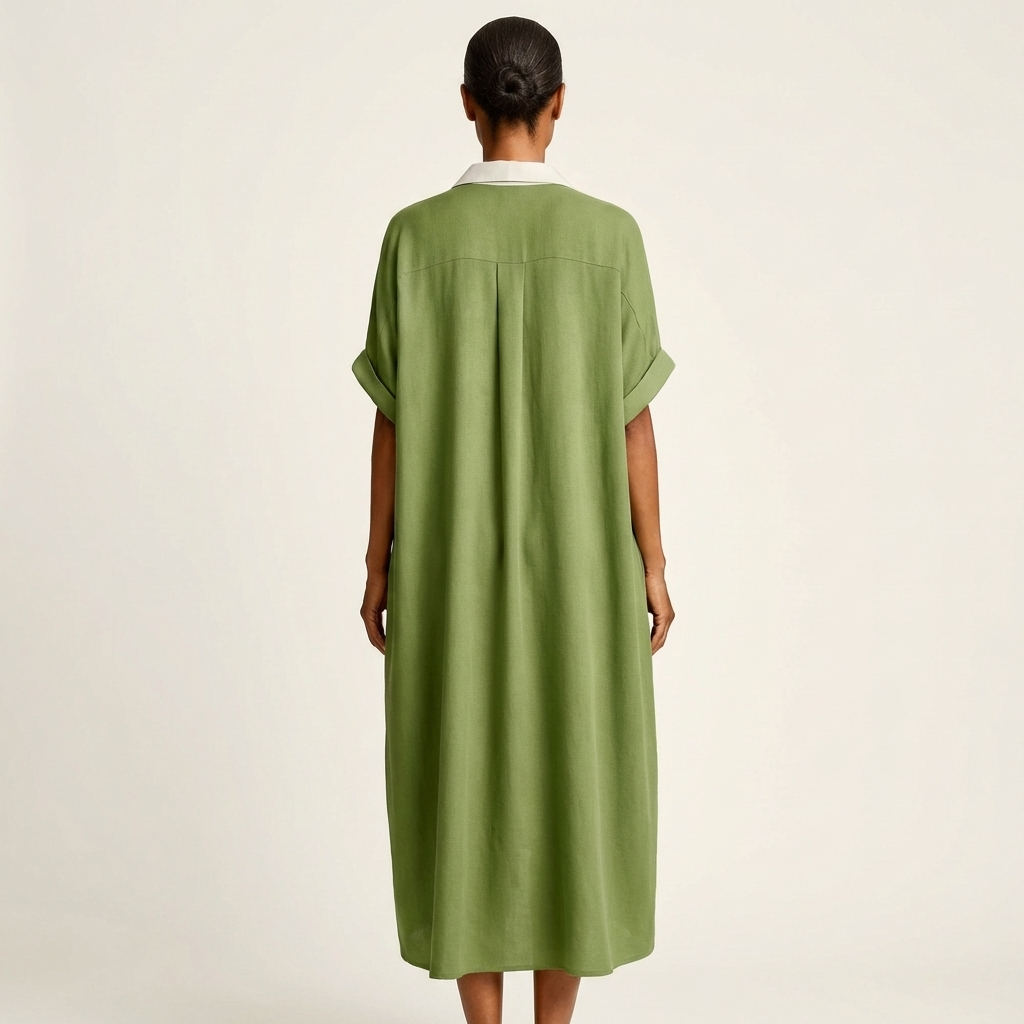 Kamira | Abito Camicia Maxi a Maniche Corte con Collo a Contrasto