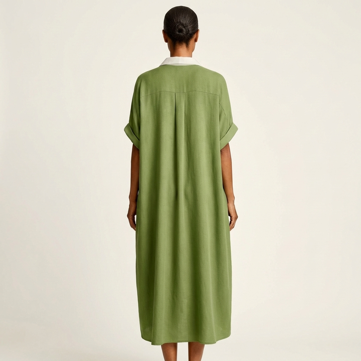 Kamira | Abito Camicia Maxi a Maniche Corte con Collo a Contrasto