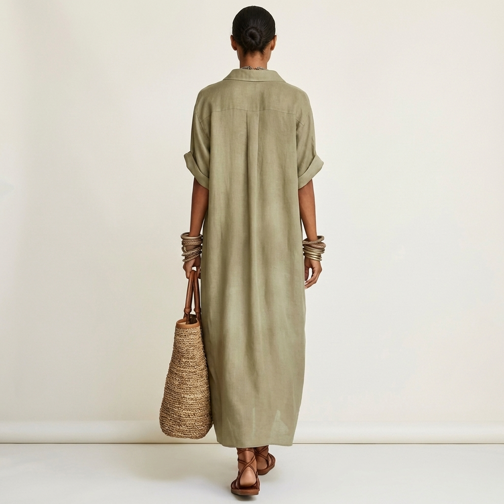 Kamira | Abito Camicia Maxi a Maniche Corte con Collo a Contrasto