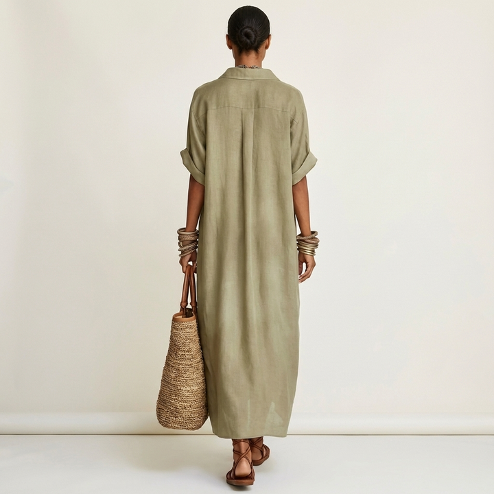 Kamira | Abito Camicia Maxi a Maniche Corte con Collo a Contrasto