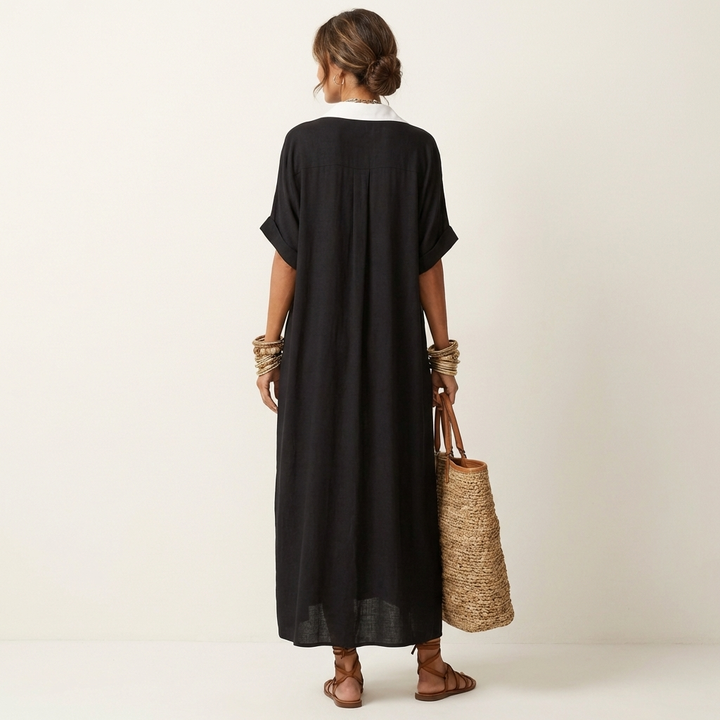 Kamira | Abito Camicia Maxi a Maniche Corte con Collo a Contrasto