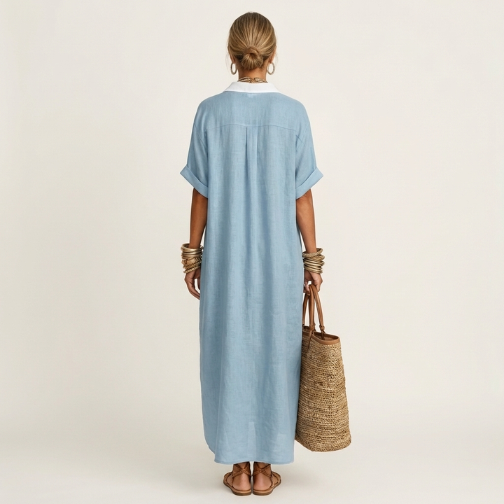 Kamira | Abito Camicia Maxi a Maniche Corte con Collo a Contrasto
