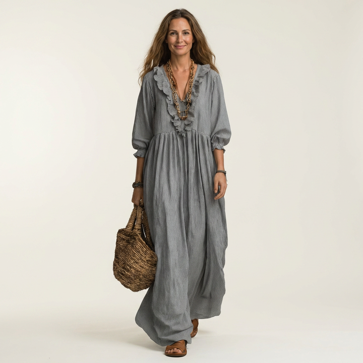 Yosetta | Abito Maxi a Righe con Scollo a V Ruffles e Maniche a Lanterna