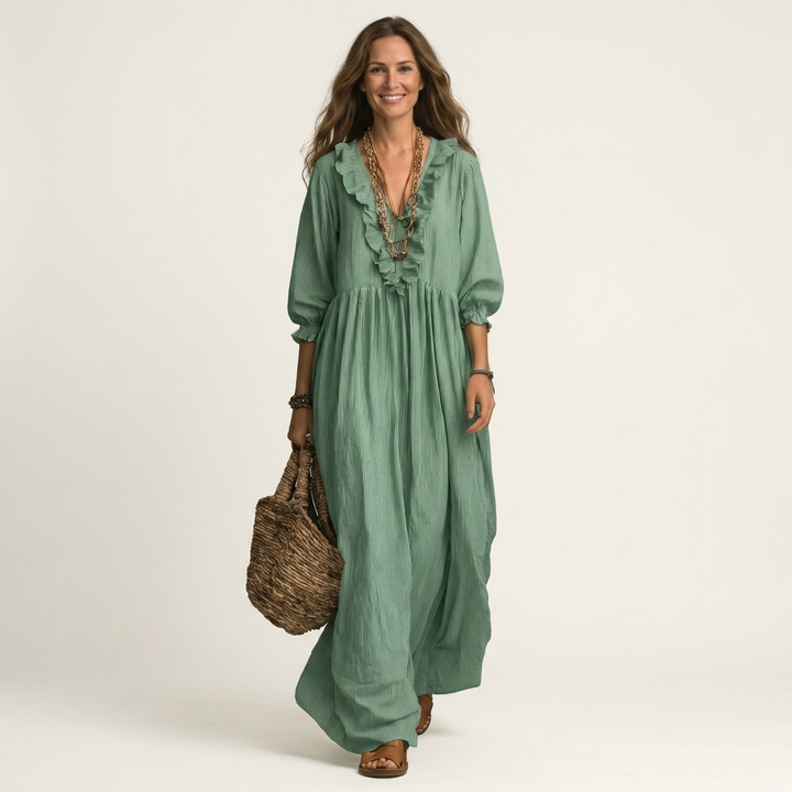 Yosetta | Abito Maxi a Righe con Scollo a V Ruffles e Maniche a Lanterna
